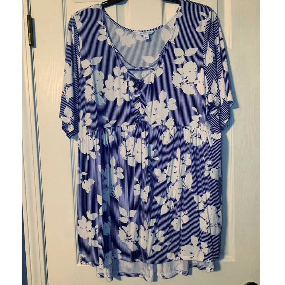 Navy blue and white floral shirt.